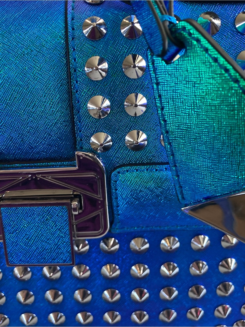 Rebecca Minkoff Iridescent Blue-Green Studded Satchel - Picture 7 of 15